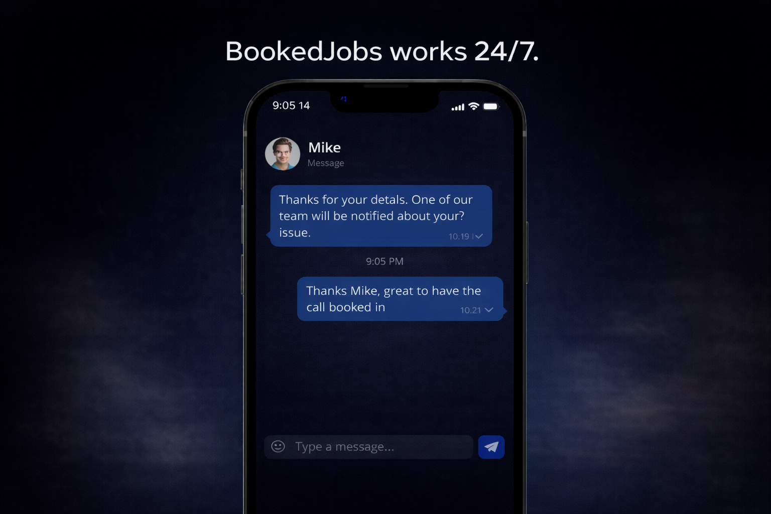 BookedJobs works 24/7 - phone showing chat interface