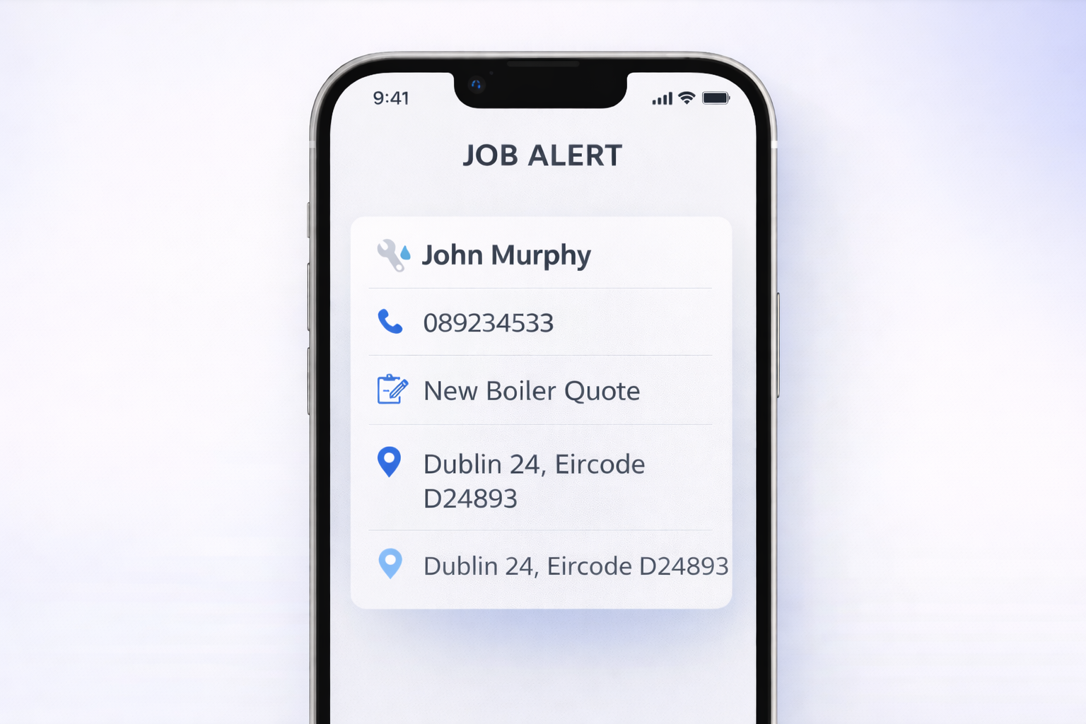 Job alert showing booked customer details